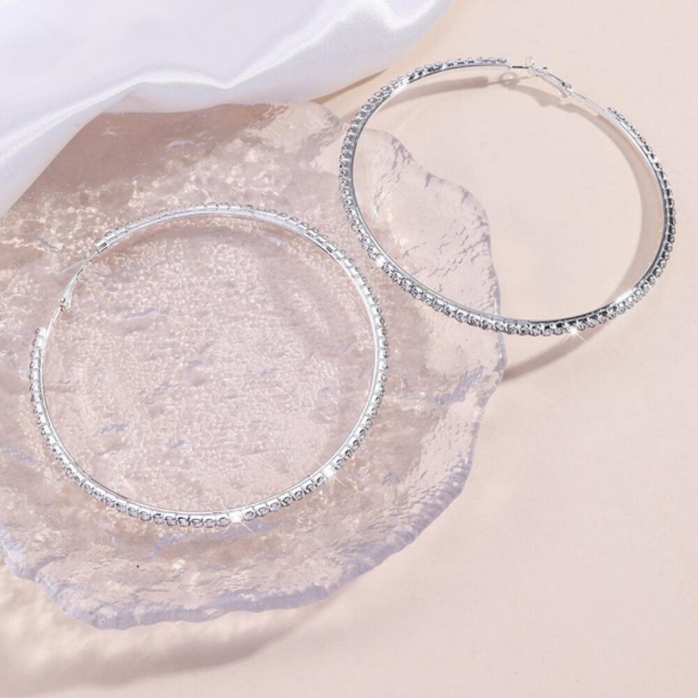 3" Large 925 Sterling Silver Womens 2ct Diamond Hoop Earrings 3 in Hoops Jewelry - Picture 4 of 5